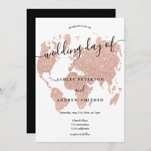 World map rose gold glitter chic script wedding invitation