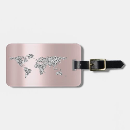 World Map Rose Gray Address Name Elegant Luggage Tag