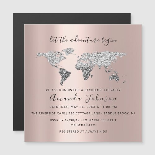 World Map Rose Silver Gray Graduate Bridal Wedding Magnetic Invitation
