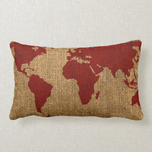 World Map Rustic Red Lumbar Pillow