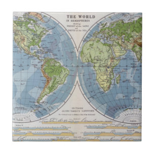World Map showing Heights of Land depth of Sea Ceramic Tile