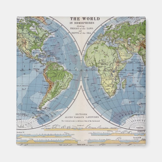World Map showing Heights of Land depth of Sea Magnet (Front)
