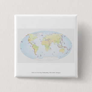 World map showing sites of volcanic activity pinback button