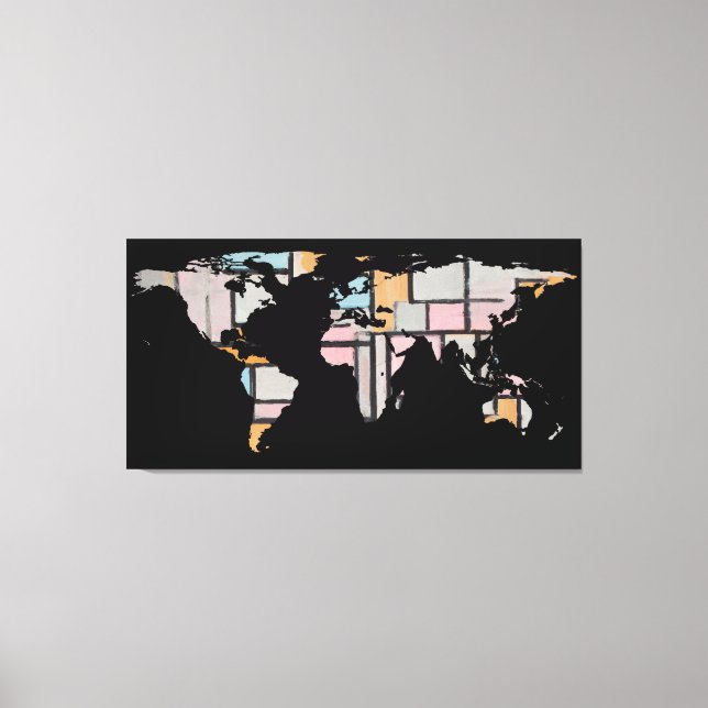 World Map Silhouette - Abstract Piet Mondrian Canvas Print (Front)