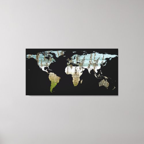 World Map Silhouette _ Beach Grass and Ocean Canvas Print