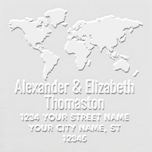 World Map Silhouette Couple Name Return Address Embosser