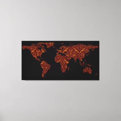 World Map Silhouette _ Orange  Red Floral Patten Canvas Print