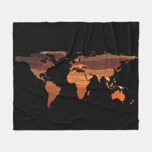 World Map Silhouette - Romantic Sunset Fleece Blanket