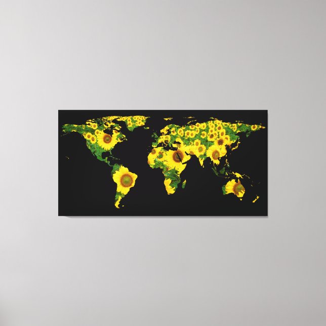 World Map Silhouette - Sunflowers Canvas Print (Front)