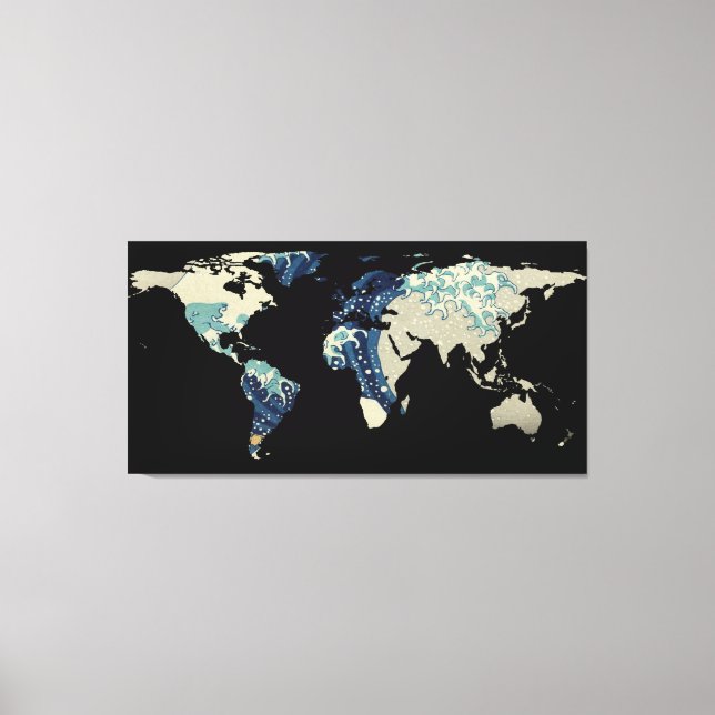 World Map Silhouette - The Great Wave Off Kanagawa Canvas Print (Front)