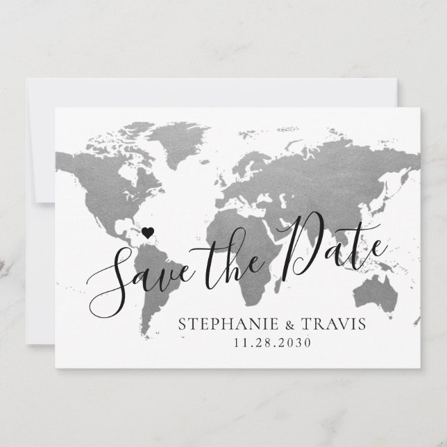 World Map Silver Gray Destination Wedding Photo Save The Date (Front)
