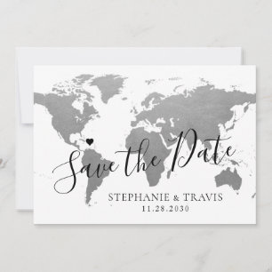 World Map Silver Gray Destination Wedding Photo Save The Date