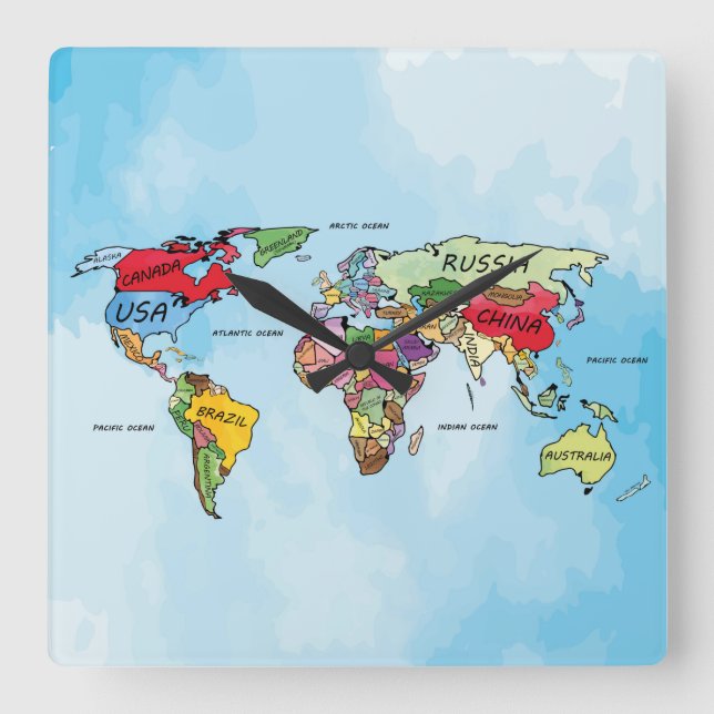 World Map Square Wall Clock (Front)