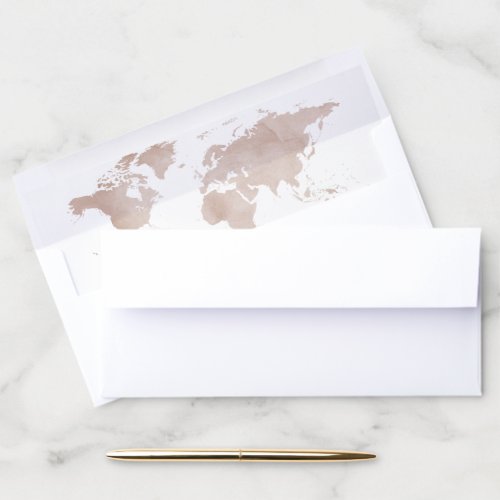 World Map Tan Brown Watercolor 4x9 Envelope Liner