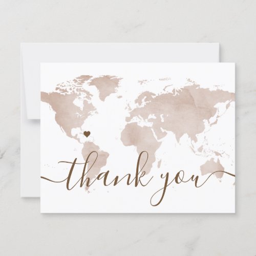 World Map Tan Travel Destination Wedding Photo Thank You Card