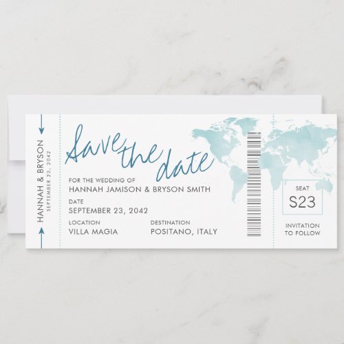 World Map Teal Blue Boarding Pass Save the Date