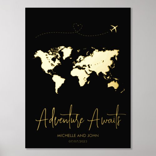 World Map Travel Adventure Awaits Couple Wedding Foil Prints