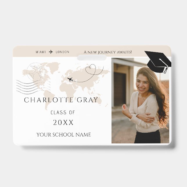World Map travel adventure begins GRAD name Badge (Front)