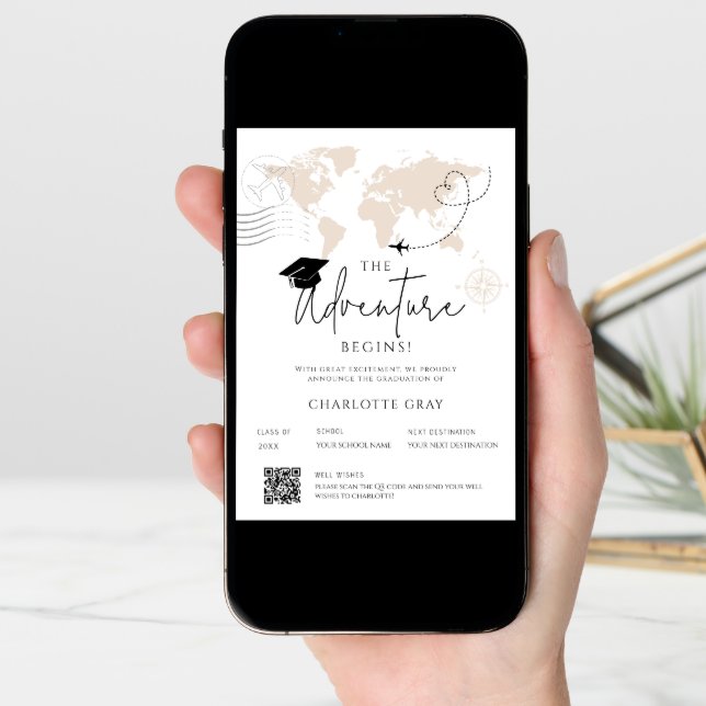 World Map travel adventure begins Graduation Announcement (Front Digital)