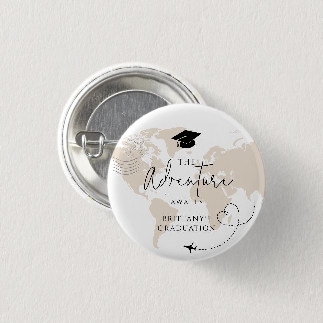 World Map travel adventure begins Graduation Button (Front & Back)