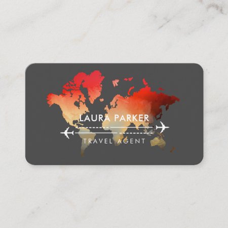 World Map Travel Agent  Vacation Services Red Business Card