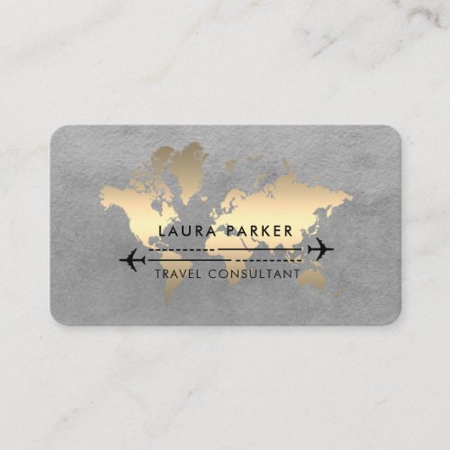 World Map Travel Agent Watercolor Gold Tourism Bus Business Card