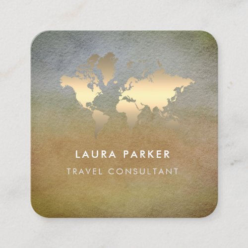 World Map Travel Agent Watercolor Gold Tourism Bus Square Business Card
