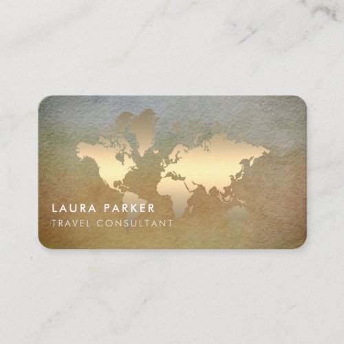 World Map Travel Agent Watercolor Gold Tourism Business Card