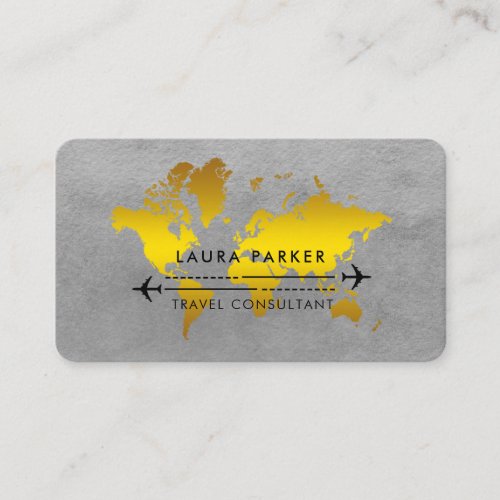 World Map Travel Agent Watercolor Gold Tourism  Business Card