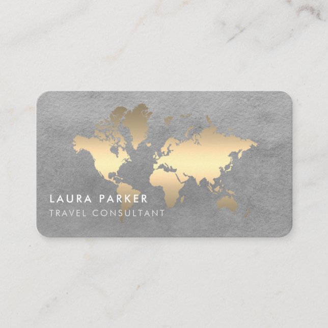 World Map Travel Agent Watercolor Gold Tourism Business Card (Front)
