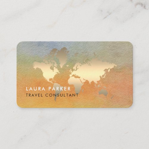 World Map Travel Agent Watercolor Gold Tourism Business Card