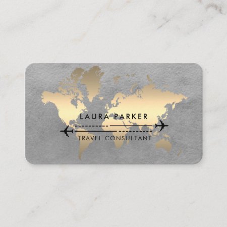 World Map Travel Agent Watercolour Gold Tourism  Business Card
