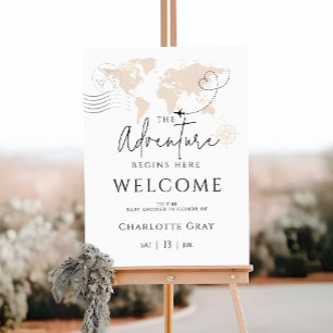 World map travel baby shower welcome sign poster