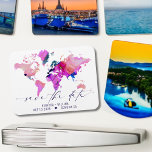 World Map Travel Destination Wedding Save the Date Magnet<br><div class="desc">World Map Travel Destination Wedding Save the Date magnet. Customise text and heart colors to match your wedding theme.  Also move the heart to your preferred destination on the map!</div>