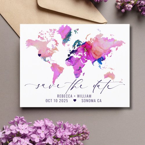 World Map Travel Destination Wedding Save the Date Postcard