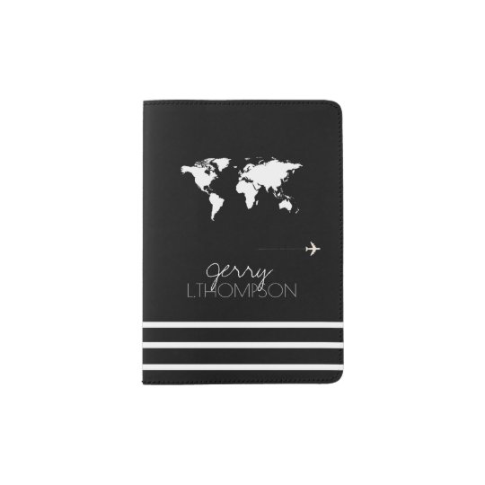 World Map Travel Document Black White Passport Holder