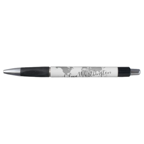 World Map Travel Silver Gray Black White Custom Pen