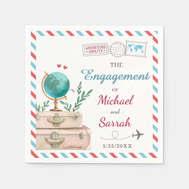 World Map Travel Suitcase Couple Engagement Party Napkins (Front)