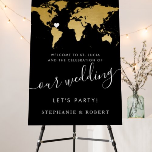 World Map Travel Wedding Black Gold Welcome Sign