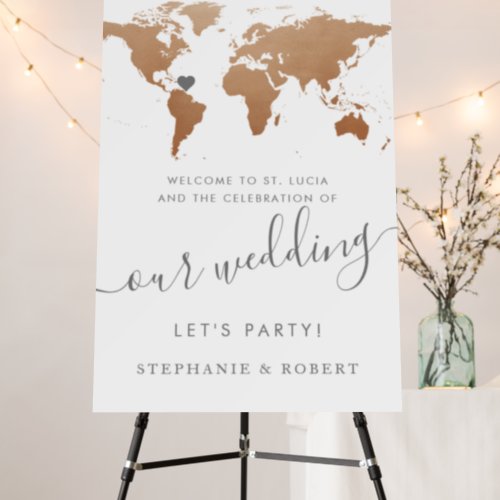 World Map Travel Wedding Copper Rust Welcome Sign