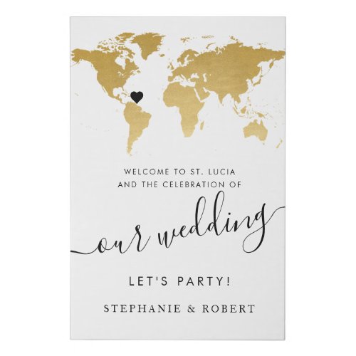 World Map Travel Wedding Gold Welcome  Faux Canvas Print