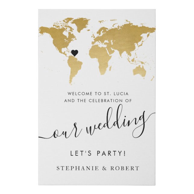 World Map Travel Wedding Gold Welcome  Faux Canvas Print (Front)