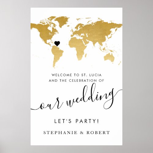 World Map Travel Wedding Gold Welcome Sign Poster