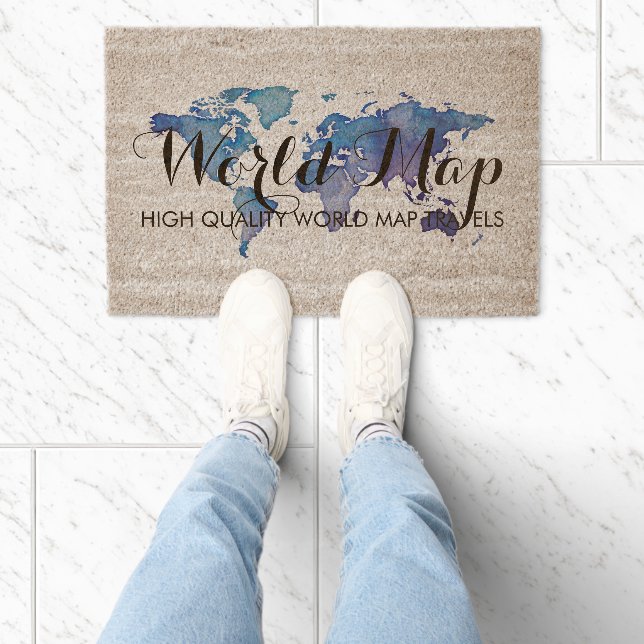 World Map Traveling custom text welcome Fiber Doormat (Insitu)