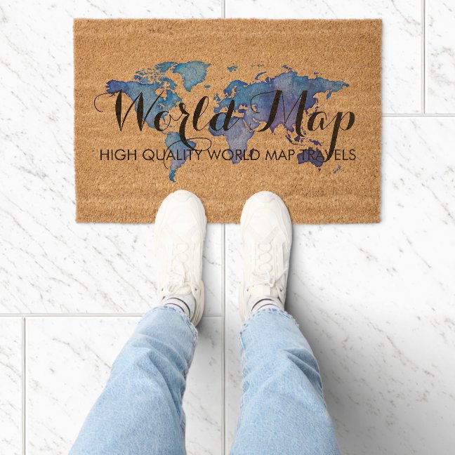World Map Traveling custom text welcome Fiber Doormat