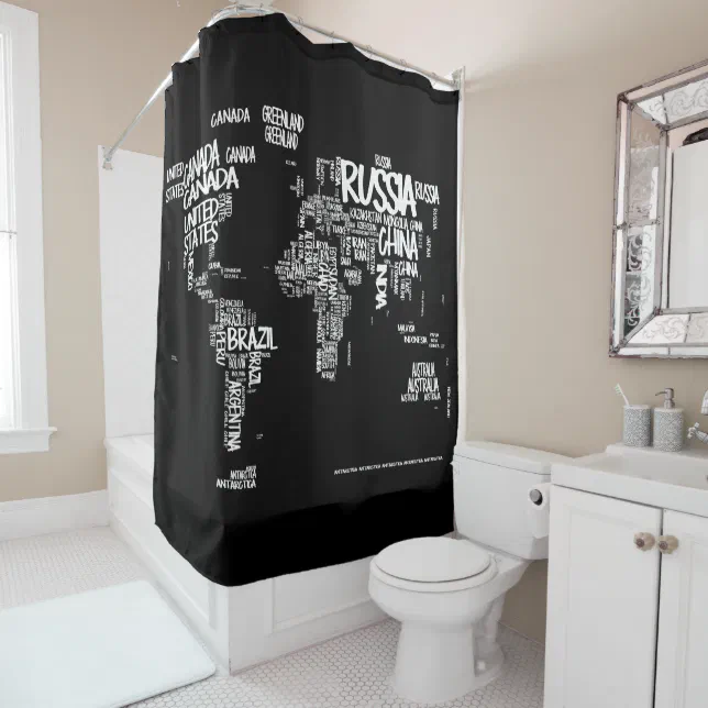 World Map Typography Shower Curtain, Black & White Shower Curtain | Zazzle