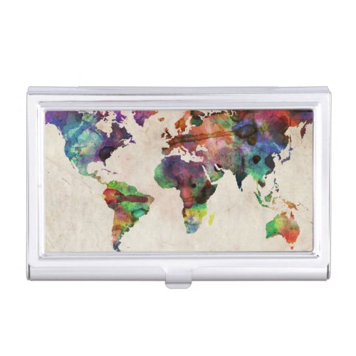 World Map Urban Watercolor Business Card Holder