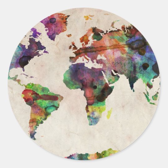 world map urban watercolor classic round sticker zazzlecom