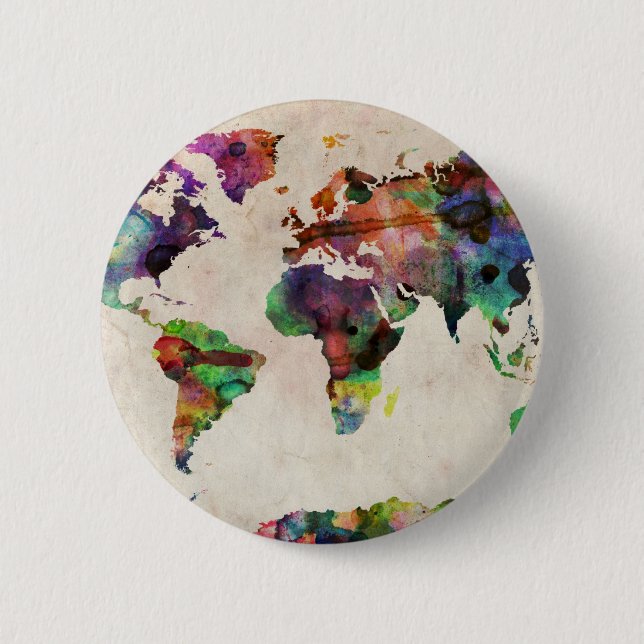 World Map Urban Watercolor Pinback Button (Front)