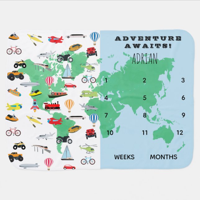 World Map Vehicles  Baby Monthly Milestone Blanket (Horizontal)